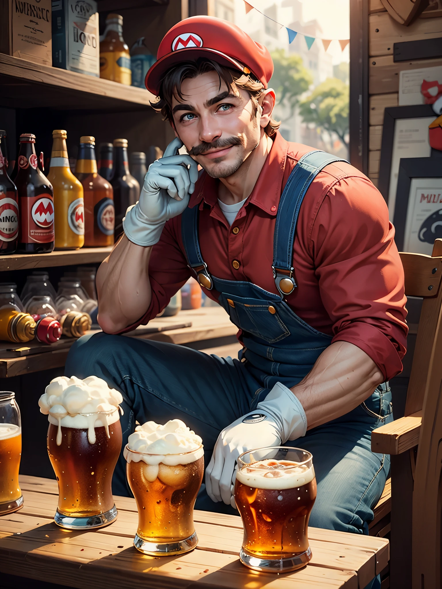 (masterpiece), (bestquality), supermario, blue overalls, red shirt, red cap, smiling, mature man, (white gloves:1.1), disco in the background, blue eyes, brown moustache, happy, smile, half body, sitting outside, jar of beer on the table, natural light, dynamic pose