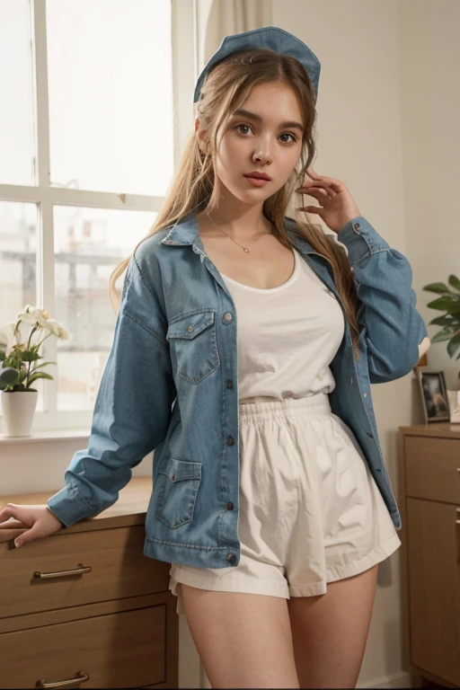 un primer plano de una persona vestida con una blusa blanca y una chaqueta vaquera, Chica joven y linda, linda joven, Ella tiene una cara linda, linda joven, Su vestuario es atractivo, Pose atractiva, joven hermosa amouranth, chaqueta de jean, Chica de anime en la vida real, 19 year old girl, tocando su ropa