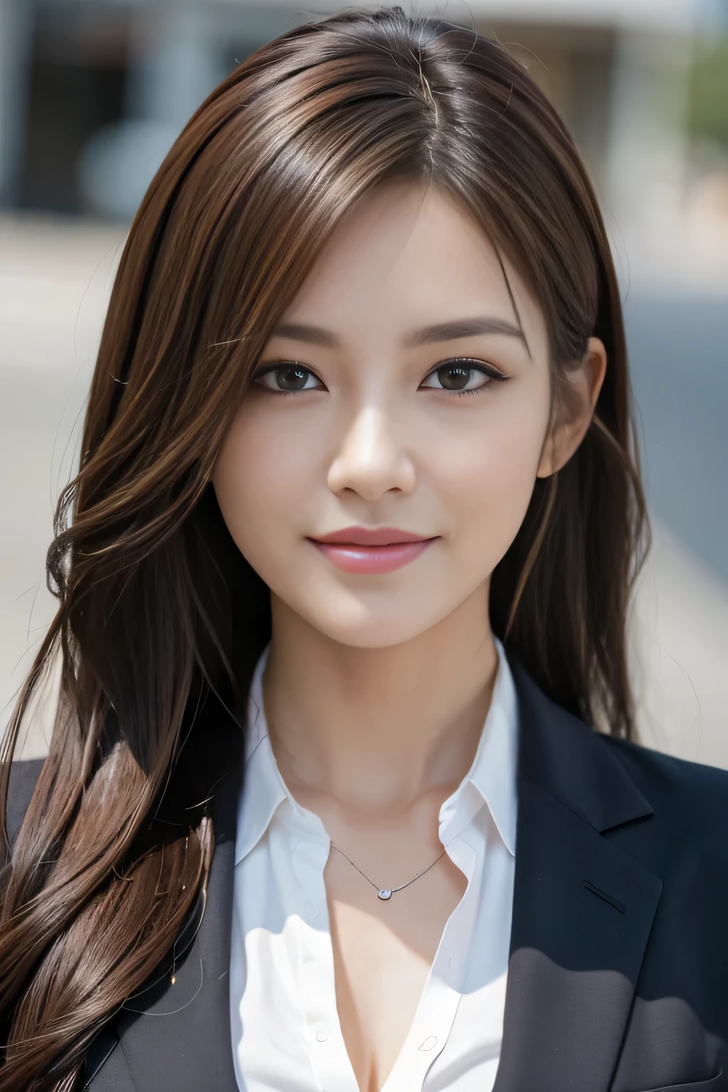 masutepiece, Best Quality, Photorealistic, Ultra-detailed, finely detail, High resolution, 8K Wallpaper, 1 beautiful woman,, light brown messy hair, in a business suit, foco nítido, Perfect dynamic composition, Beautiful detailed eyes, detailed hairs, Detailed realistic skin texture, Smiling, Close-up portrait, Model body type
