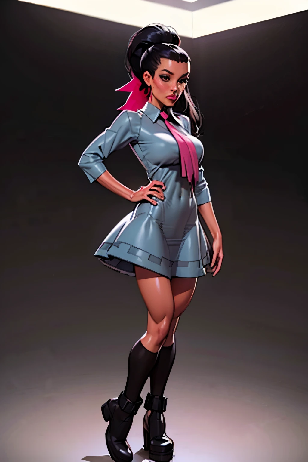 Masterpiece, portrait, Generate an illustration of a mature Roxanne, gym leader of pokemon , (lightgray dress), hd, holding a pokeball  all,  de terno preto, pink ascot,(( long black hair)), twin ponytail, ((detailed face)),shiny hair, (perky breasts:1.2), collared shirt under dress, outfit in anime format with a serious style, boots, make up, masterpiece, dark lighting, black background, ((puffy lips)),(slendered abs), beautiful face,