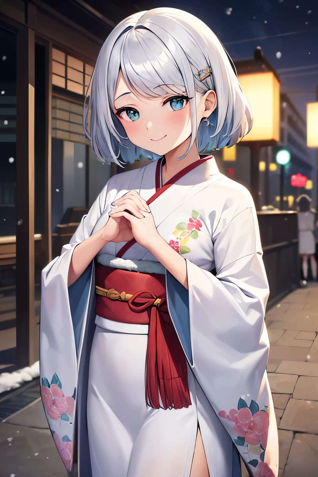 (masterpiece、top-quality:1.2)、Hi-Res、ui3、(独奏、 1 人:1.2)、perfect anatomia, Anime girl wearing a white kimono, (White kimono, Japanese dress), Wearing Japan traditional clothes, (Floral pattern:1.2)、anime illustrated, Anime girl with teal hair, (silver hair girl:1.1), (swept bangs:1.4), Anime VTuber, シングルcharicature, charicature, Virtual YouTuber, Silver hair Shorthair, (Golden X Hair Ornament:1.1), 2022 anime style, middlebreast, Female sexy,vivd colour, natural soft light,RTX, , Beautiful fece, highest details, (详细的脸:1.2), showcase, (perfect eyes:1.1) ,8K UHD, Look at viewers, (small breast:1.1),, breast, ((thick outline)), collarbone, deep_skin, shiny skin, ((smile)), ((Best ratio 5 fingers))、((own hands together:1.2)), steepled fingers, looking at the viewers、cowboy shot、Standing posture、Contrapo、((lamppost)), ((public indecency)), ((snowfall:1.2))、((natta:1.2)),
cel painting 4K 8K absurdres 2D CG wallpaper illustration,