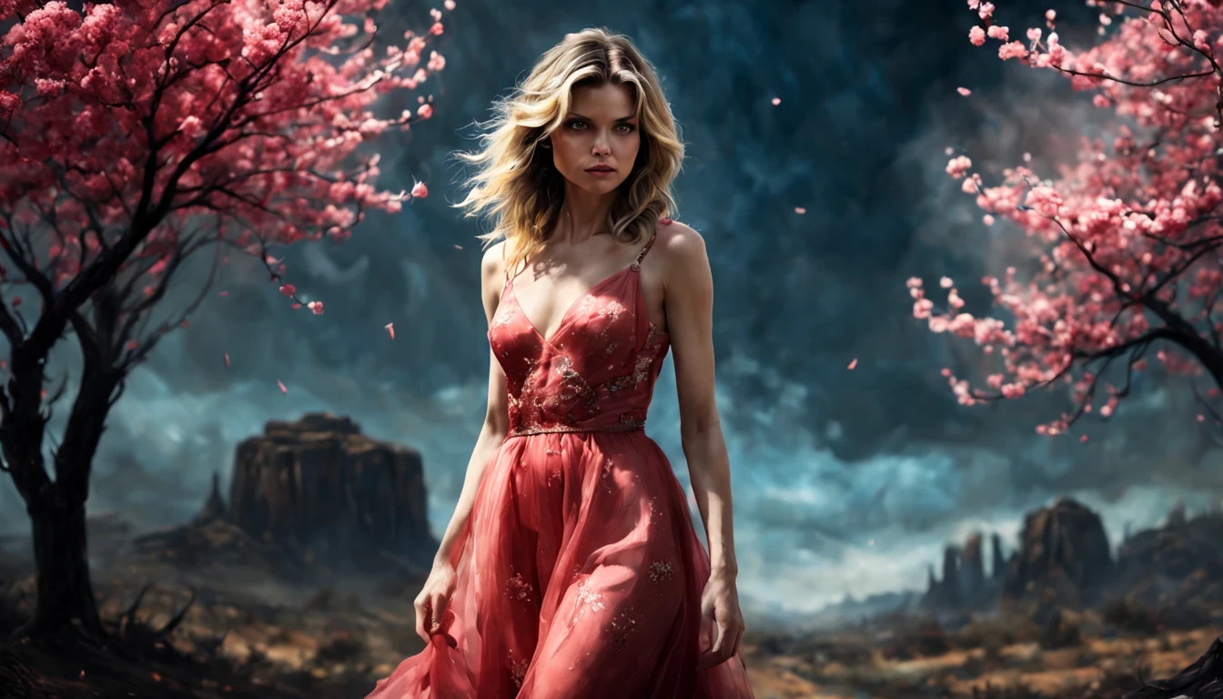 1 girl "Michelle Pfeiffer com vestido vermelho longo", （Jogo King Card:1.5, simetria rotacional),Stephen Gammell,(cowboy shot), Minimalist compositions, requintada armadura de cristal，Fio Eletroluminescente, magic sparks, enchanted magical fantasy. Peach Blossom Land, heaven, Jogo CG, Hand Painted Style, 8k, Ultra HD |, arte digital conceitual, Azure azul e cinza,(Very detailed, Reasonable design, linhas claras, Alta nitidez, melhor qualidade, master part, 4k ).