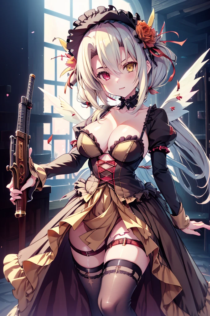 gran calidad ++ Extremely detailed high resolution, very aesthetic, ojos expresivos, (((Cara perfecta))), (((face symmetrical))), ((good anatomy)), (((manos perfectas))), (((8k))), UHD, Fondo de pantalla HD, (((alta calidra detallada, (((1girl))), (((Date A Live))), (((Kurumi))), (((Illyasviel von Einzbern))), (((mature female))), ((((cuerpo completo)))), (((heterochromia))), (((cabello negro))), (((Milficación))), (((hembra madura))), (((hombros estrechos))), (((pechos grandes))), (((cintura estrecha))), (((ta goth dress))), (((dress))), (((ribbon))), (((gothic fashion))), (((gothic))), (((Flintlock Pistol & Musket))), (((18 year old beautiful girl))), Dedos detallados, Dedos precisos, Manos no antinaturales, strange eye, ojos rojos, escote, colas gemelas de pelo negro,