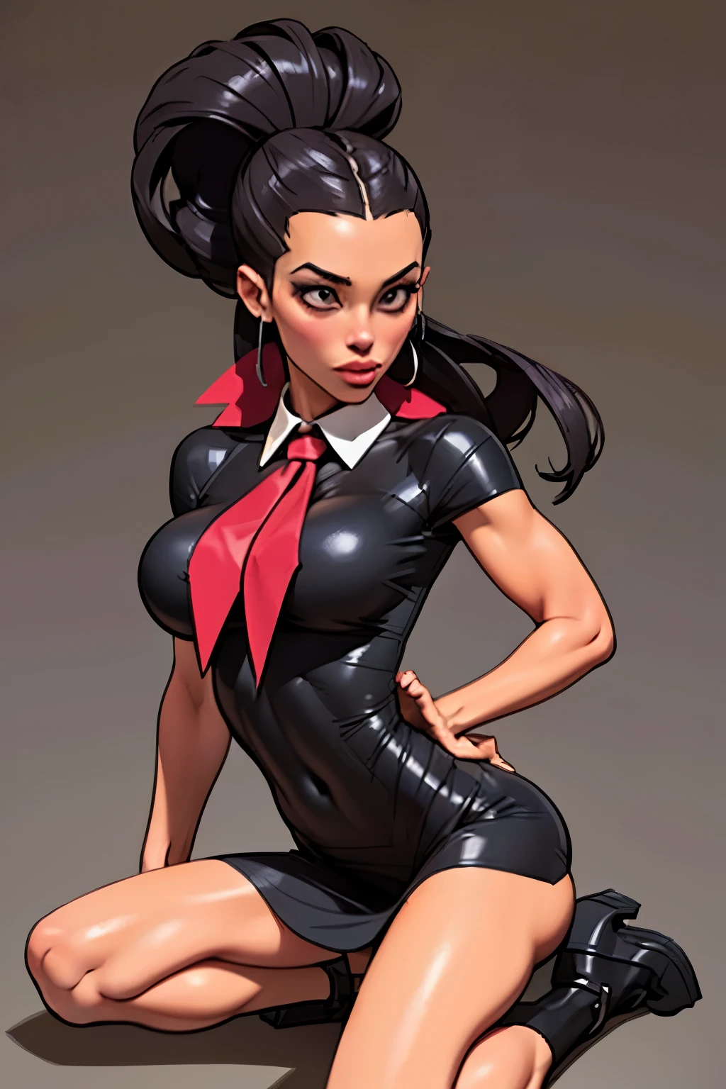 Masterpiece, portrait, Generate an illustration of a mature Roxanne, gym leader of pokemon , (lightgray dress), hd, holding a pokeball  all,  de terno preto, pink ascot,(( long black hair)), twin ponytail, ((detailed face)),shiny hair, (perky breasts:1.2), collared shirt under dress, outfit in anime format with a serious style, boots, make up, masterpiece, dark lighting, black background, ((puffy lips)),(slendered abs), beautiful face,