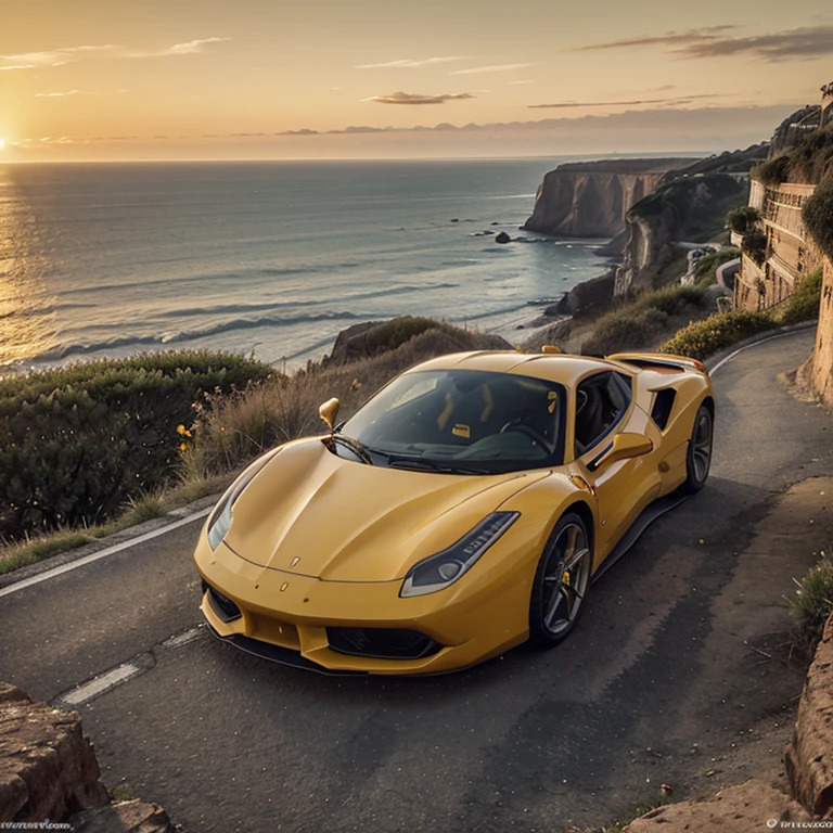 Generate a scene where a yellow '488 GTB' Ferrari is parked on a cliff by the seaside during sunset. Emphasize the nuances of the sky and the golden reflection on the car's body.