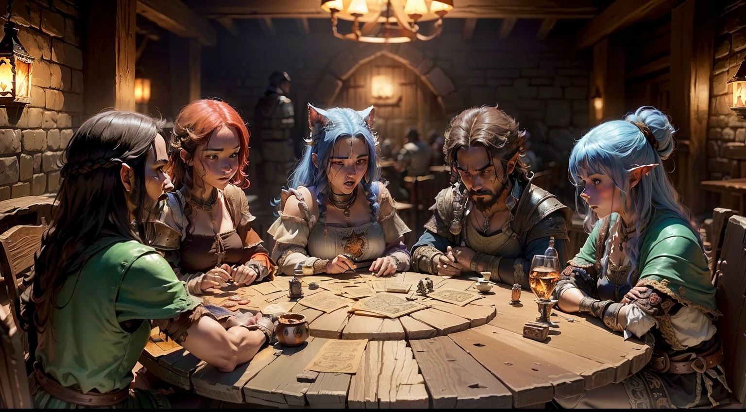 (((Un grupo de amigos jugando D&D))). ((RPG de mesa). (Estilo de libro D&D). (D&#39;s epic characters&D). (D&D). (Epic Tavern Background). personaje femenino con pelo morodado y  orejas de gato