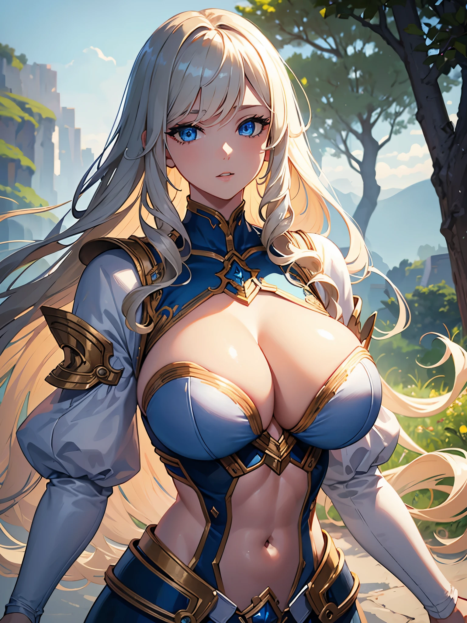 masterpiece, best quality, ultra detailed, illustration, 1 woman, blonde hair, long hair, curly hair, huge breast, blue eyes, beautiful detailed eyes, delicate beautiful face, abs, silver armor, outdoors