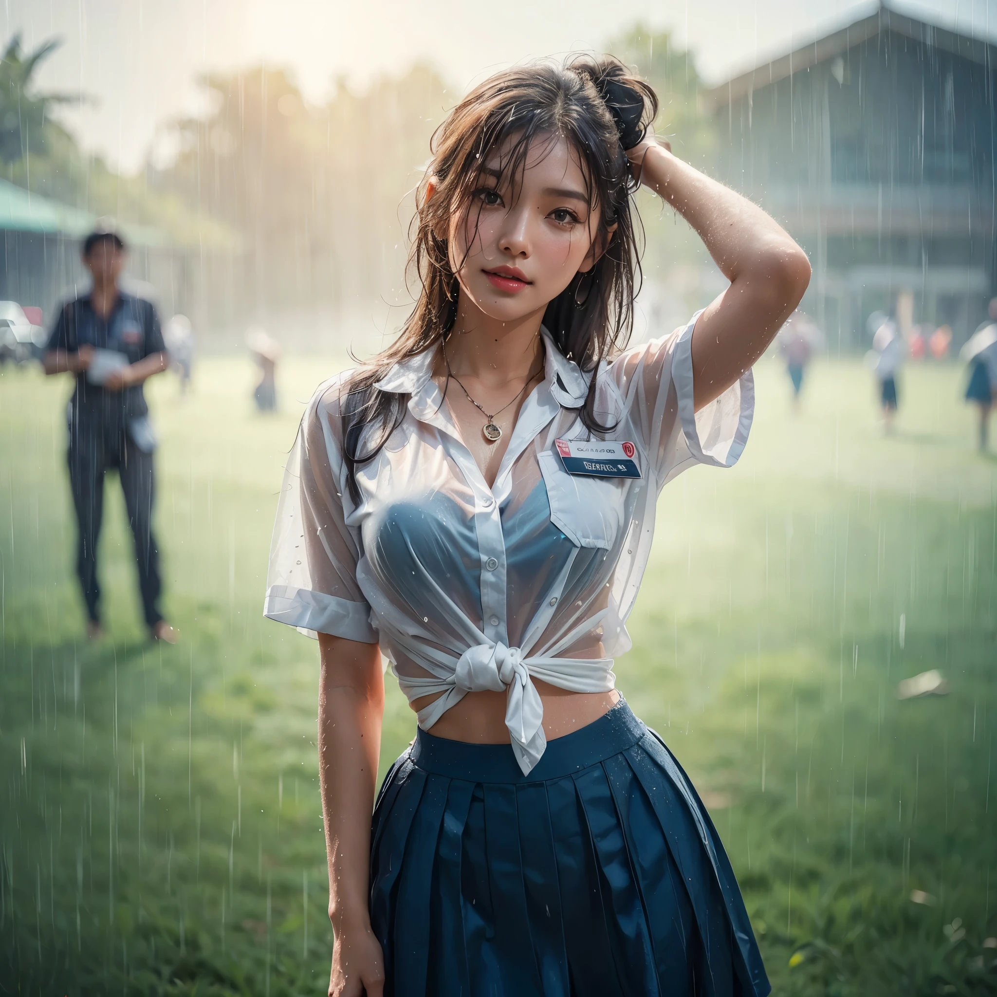 realistic art, there is a woman with large breast in a indonesian school uniform standing in the rain, wet used shirt with name tag Aidelia,detail bra under wet shirt,  pretty girl standing in the rain, after rain and no girls, raining, girl wearing uniform, in the rain, thai girl, raining award winning photo, school girl, just after rain, raining!, at evening during rain, wet from rain, rainy wet, raining portrait, beautiful and smiling, masterpiece, best quality:1.2),,(8k,highres,RAW photo,realistic,photo-realistic:1.3),(detailed skin texture,detailed cloth texture,beautiful detailed face:1.25),professional lighting,photon mapping,beautiful soft light,radiosity,physically-based rendering,raytracing, model shoot style, model shoot style, (extremely detailed CG unity 8k wallpaper), full shot body photo of the most beautiful artwork in the world, (((nsfw)))