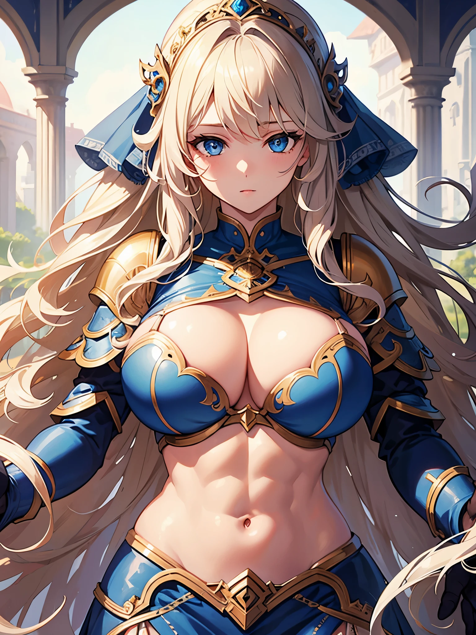 masterpiece, best quality, ultra detailed, illustration, 1 woman, blonde hair, long hair, curly hair, huge breast, blue eyes, beautiful detailed eyes, delicate beautiful face, abs, silver armor, outdoors