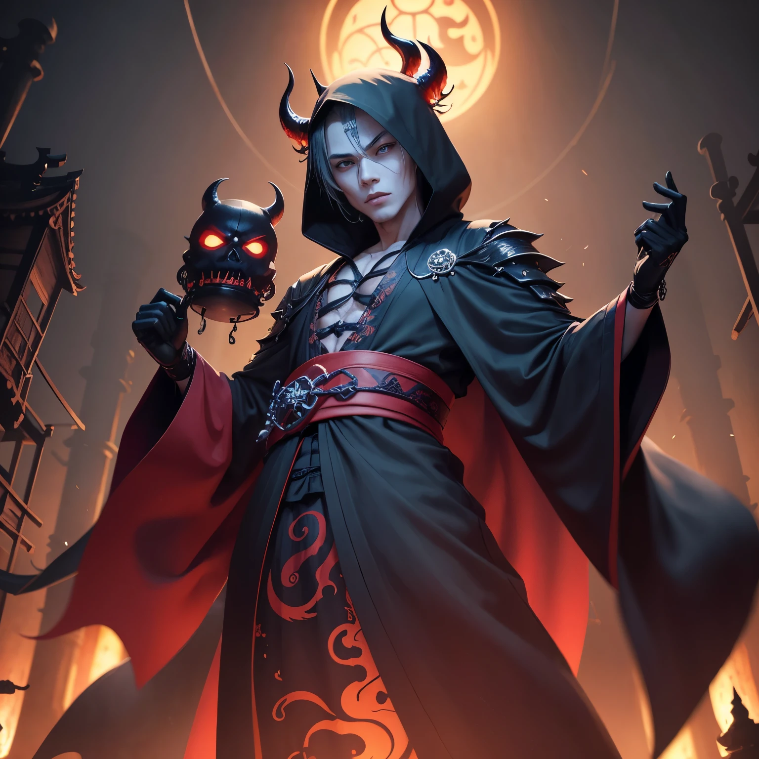 Giant strong slim abs boy, Ghoul, youkai, Oni, homem bonito, demon slayer, budismo, bestial skull, Shinto creature, olhos vermelhos, anime, Japan, hannya, correntes ensanguentadas, preso, ossos Behemoth, pele morta, pele escura, manic eye aberration, membros suturados, Japanese gothic clothing, kimono, capuz, black cloak, with bell, rings, tentacles, ossos, dentes, presas afiadas, anatomicamente perfeito, acorrentado, expression of insanity, loucura, dungeon dungeon environment, inferno, Hades, manga, 8k, qualidade ultra HD.