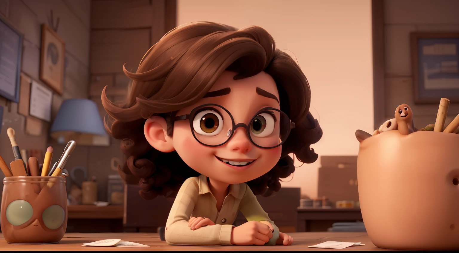 character sheat a lot of angles Hair: Long, dark brown, very curly; Skin: light brown with olive subtone; Eyes: dark, brilliant, memorable; Lips: full; Nose: sharp and small; Acessories: round glasses; Clothes: neutral warm colors; Style of art: pixar, 3D look, cinematic, colograding;