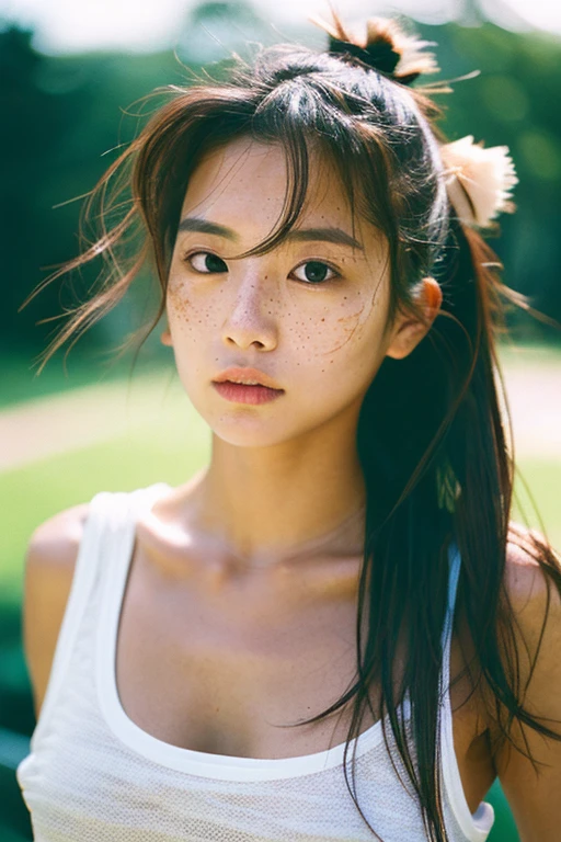 1girl, idol, close-up, collarbone, ,, photo, film, depth of field, skin texture, t-shirt, rubber band, topknot, long hair, messy hair, freckles,