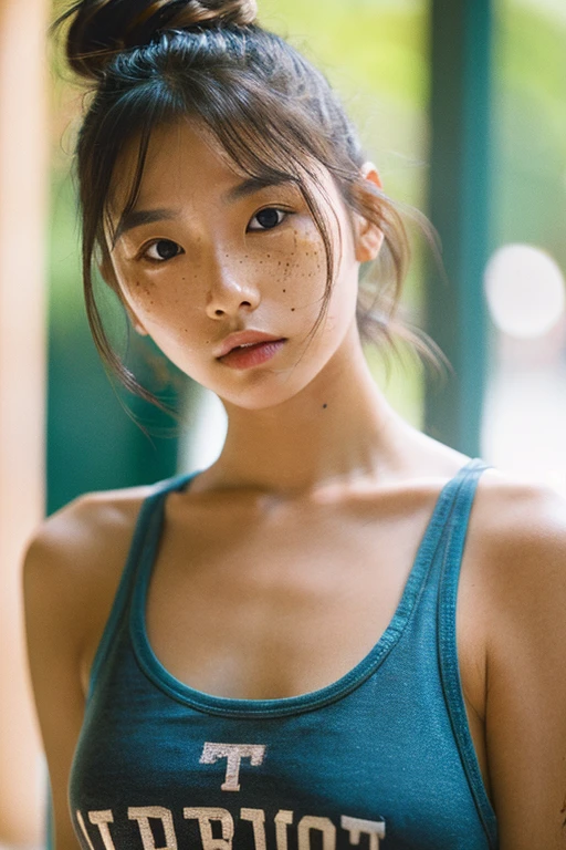 1girl, idol, close-up, collarbone, ,, photo, film, depth of field, skin texture, t-shirt, rubber band, topknot, long hair, messy hair, freckles,