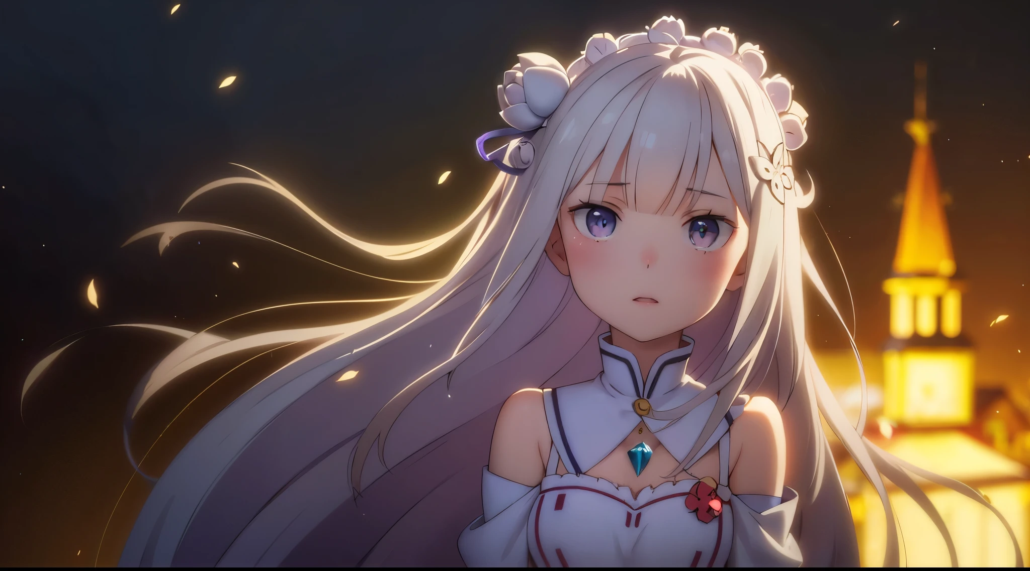 re:zero new season, medieval town, detailed, masterpiece, 8k, (emilia), (hair fluttering in the wind), gray hair, hair flower, beautiful, amazing