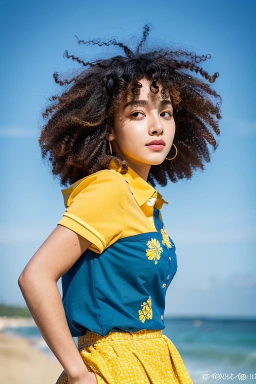 Ultra-realistic, 4k, professional photo, 22 year old girl, black girl, big curly hair, HDR, detailed face, medium body, yellow skirt with flower, (open blue shirt), Masterpiece, (lighting), (1solo), beach background, realistic background, realistic photo
