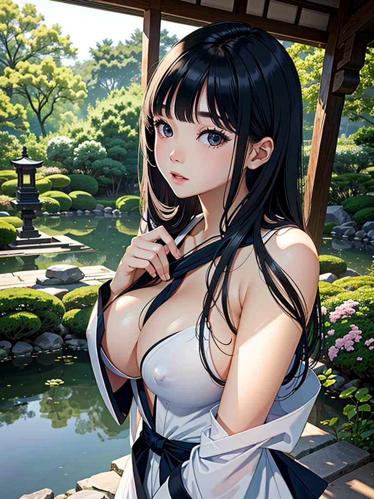 masterpiece、high-level image quality、photographrealistic、a beauty girl、Japanese garden、Shiny hair、Longhaire、huge tit、Upper body shots、The wind is blowing naked tits out