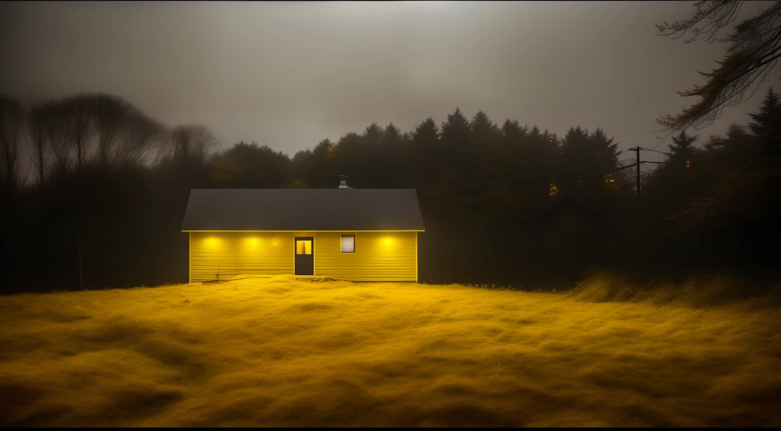 hope, in the distance the house is dark, yellow light from one window of the house; all others are dark, loneliness, Yellow filter in the photo, death, mist, blurry, dark ambient, EMPTY FIELD, creepy flickering environment, Blurred camera photo, Frightening empty liminal spaces, light above, (Lowkey, flashlight, Yellow, night time:1.4),