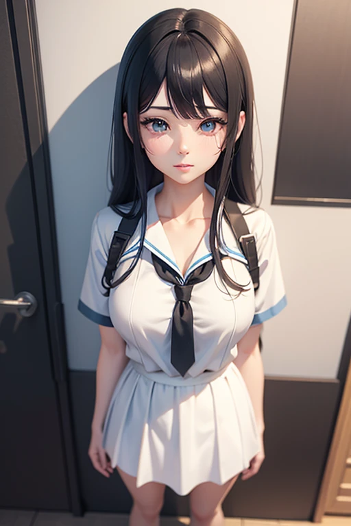 High Quality, 4K, In Frame, Close Up Portrait of Black Hair Woman in White Shirt and Light Blue Skirt, Photorealistic Anime Girl Render, Cute 3D Anime Girl Render, April Rendering, Anime VTuber Full Body Model, Full Body Xianxia, Live2D Virtual Youtuber Model, Smooth Anime CG Art, Realistic Portrait Full Body Realistic anime 3D style, photorealistic full body