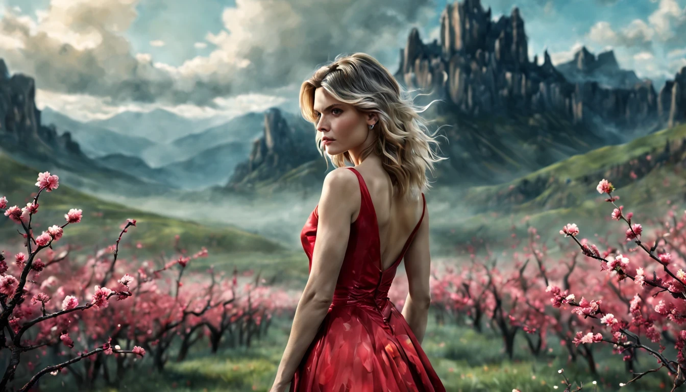 1 girl "Michelle Pfeiffer com vestido vermelho longo", (Jogo King Card:1.5, simetria rotacional),Stephen Gammell,(cowboy shot), Minimalist compositions, requintada armadura de cristal,Fio Eletroluminescente, magic sparks, enchanted magical fantasy. Peach Blossom Land, heaven, Jogo CG, Hand Painted Style, 8k, Ultra HD |, arte digital conceitual, Azure azul e cinza,(Very detailed, Reasonable design, linhas claras, Alta nitidez, melhor qualidade, master part, 4k ).