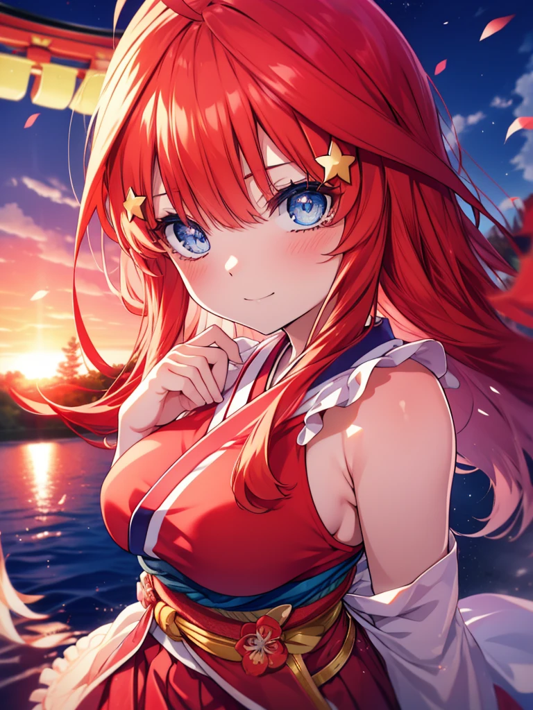 Satsuki Nakano, Itsuki Nakano, Bangs, Blue eyes, hair between eye, Ahoge, Red hair, Star \(symbol\), Hair Ornament, Star Hair Ornament,Her hair is tied back with a flower hairpin.,Red kimono,Furisode,long skirt,Sandals,shrines,Sunrise, Smiling , red blush,put one's hand on one's chest(masutepiece:1.2), Best Quality, High resolution, Unity 8k壁纸, (Illustration:0.8), (Beautiful detailed eyes:1.6), extra detailed face, Perfect Lighting, extremely details CG, (Perfect hands, Perfect Anatomy),