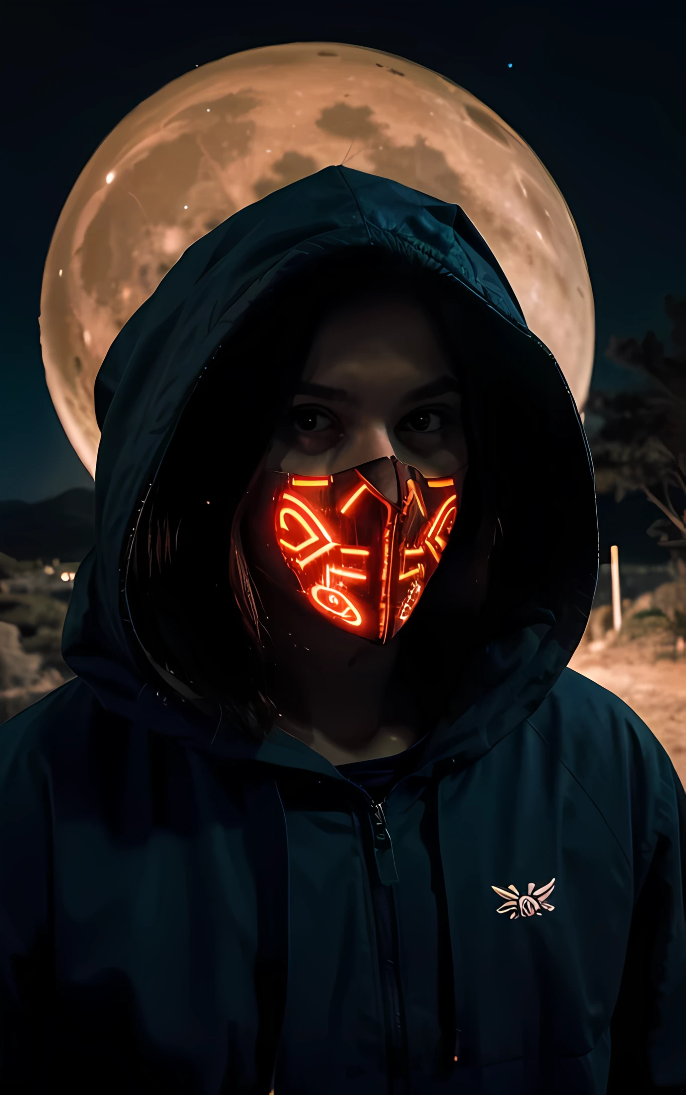 Surreal landscape with a lunar glow, featuring a hooded silhouette with faceless features. The silhouette is enhanced with glowing glyphs and symbols, emphasized by the character's large hood and long claws.