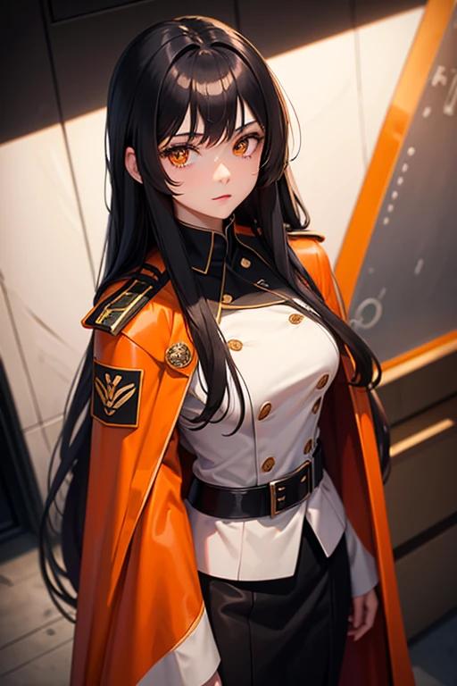 long black-haired white -yeld giwear military suit, orange cape, big hazel eyes, sci-fi, dark mood, charturnerv2