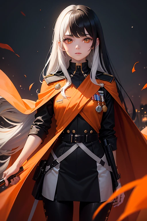 long black-haired white -yeld giwear military suit, orange cape, big hazel eyes, sci-fi, dark mood, charturnerv2