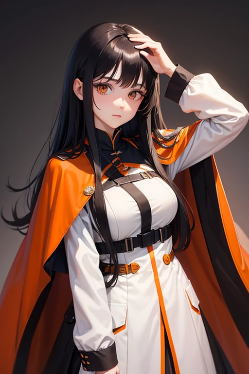 long black-haired white 17-year-old girl wear military suit, orange cape, big hazel eyes, sci-fi, dark mood, charturnerv2