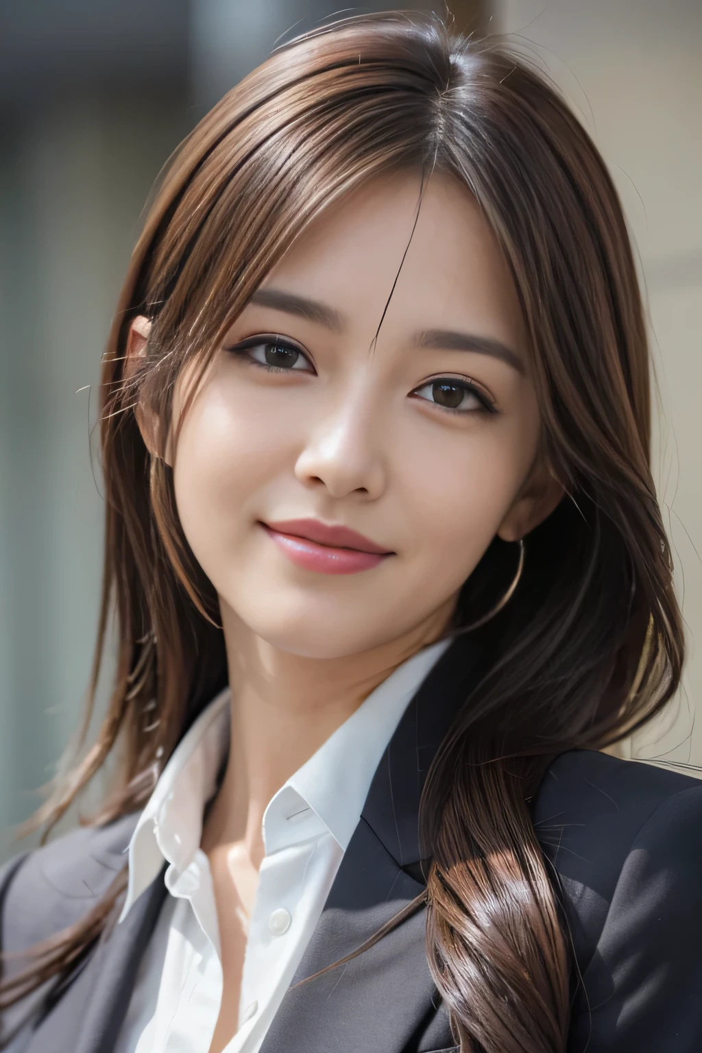masutepiece, Best Quality, Photorealistic, Ultra-detailed, finely detail, High resolution, 8K Wallpaper, 1 beautiful woman,, light brown messy hair, in a business suit, foco nítido, Perfect dynamic composition, Beautiful detailed eyes, detailed hairs, Detailed realistic skin texture, Smiling, Close-up portrait, Model body type