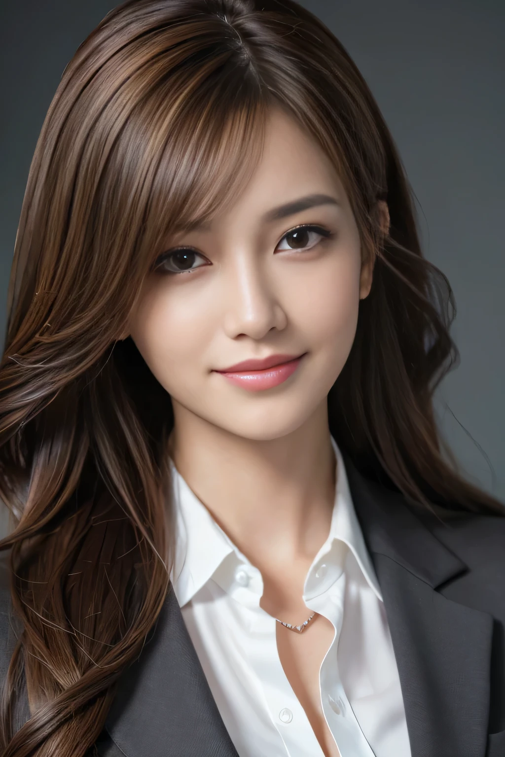 masutepiece, Best Quality, Photorealistic, Ultra-detailed, finely detail, High resolution, 8K Wallpaper, 1 beautiful woman,, light brown messy hair, in a business suit, foco nítido, Perfect dynamic composition, Beautiful detailed eyes, detailed hairs, Detailed realistic skin texture, Smiling, Close-up portrait, Model body type