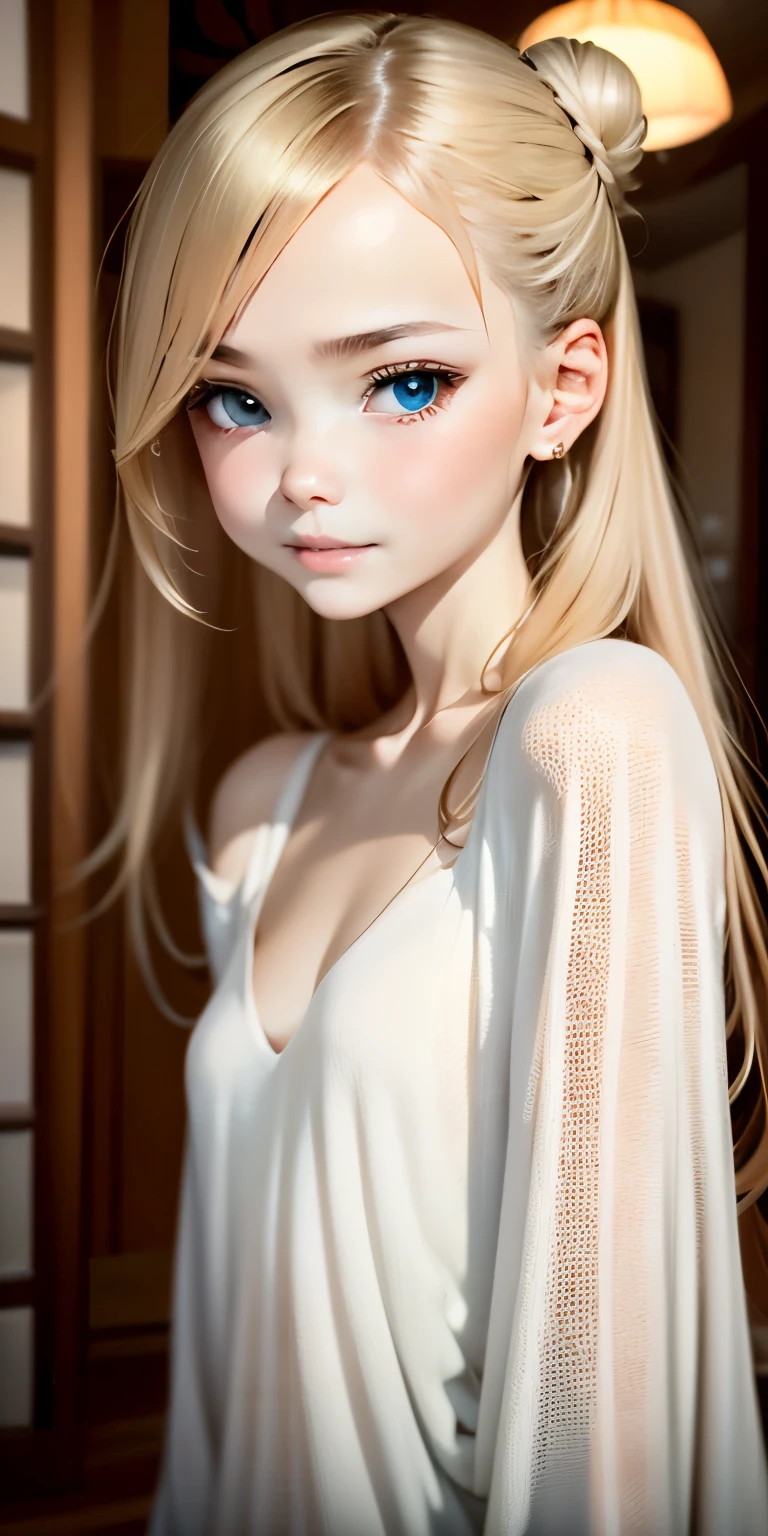 Cute Girl, (ash blond hair), ((very bun hair)), Perfect face, Innocent smile, Upper body,(Cerulean Eyes), (Yan), (Petite), (slender), ((flat chest)), ((16 only)), Skindentation, Extreme Detail, charming oval face, Red lips, Pink, Glossy skin, detailed hairs, Face Focus, Close-up chest, Luxurious hair ornaments, Gold Earrings, ((1 girl)), Embarrassed expression,