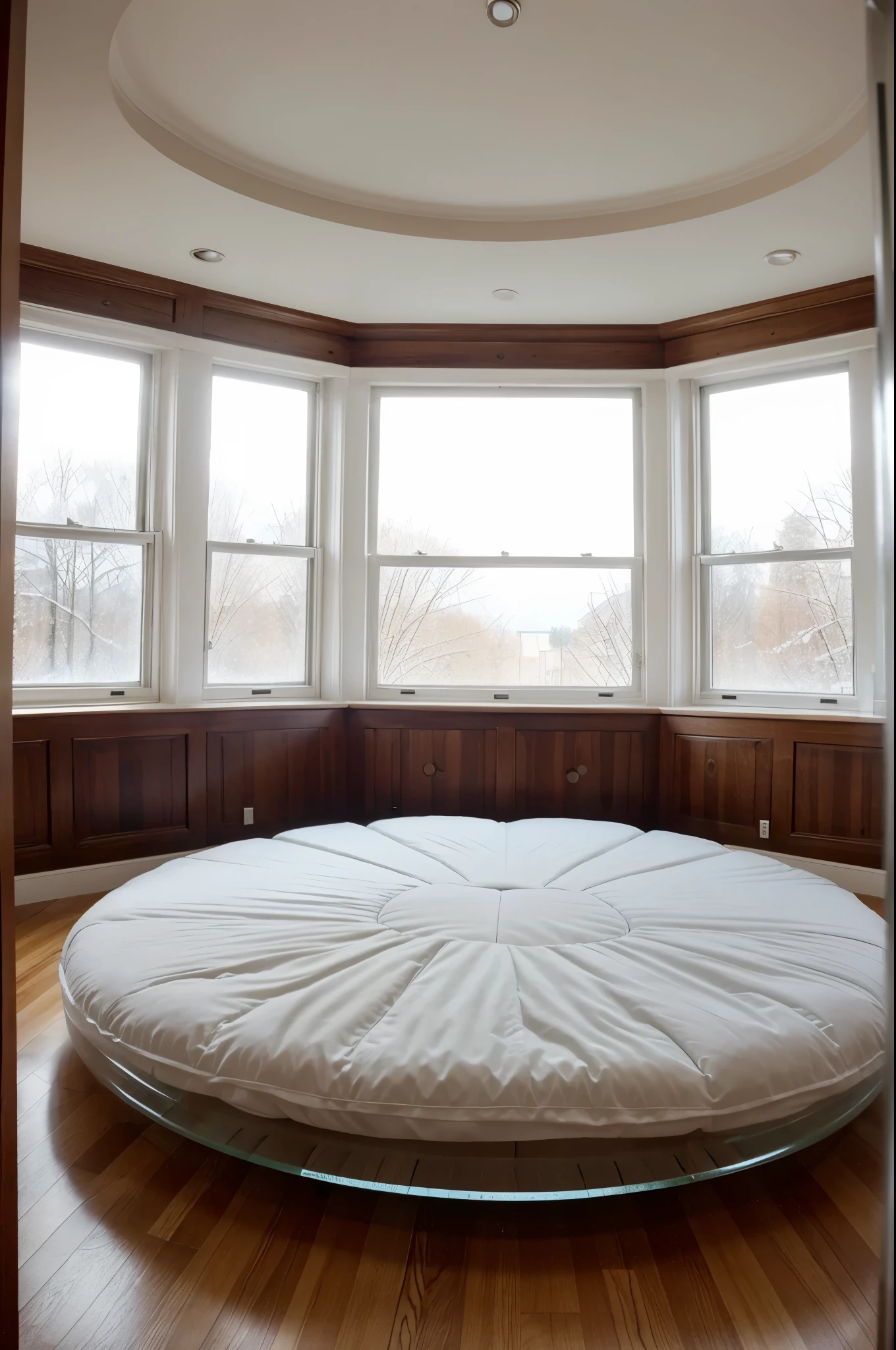 close up photo of a room with a round bed in winter time with transparent windows