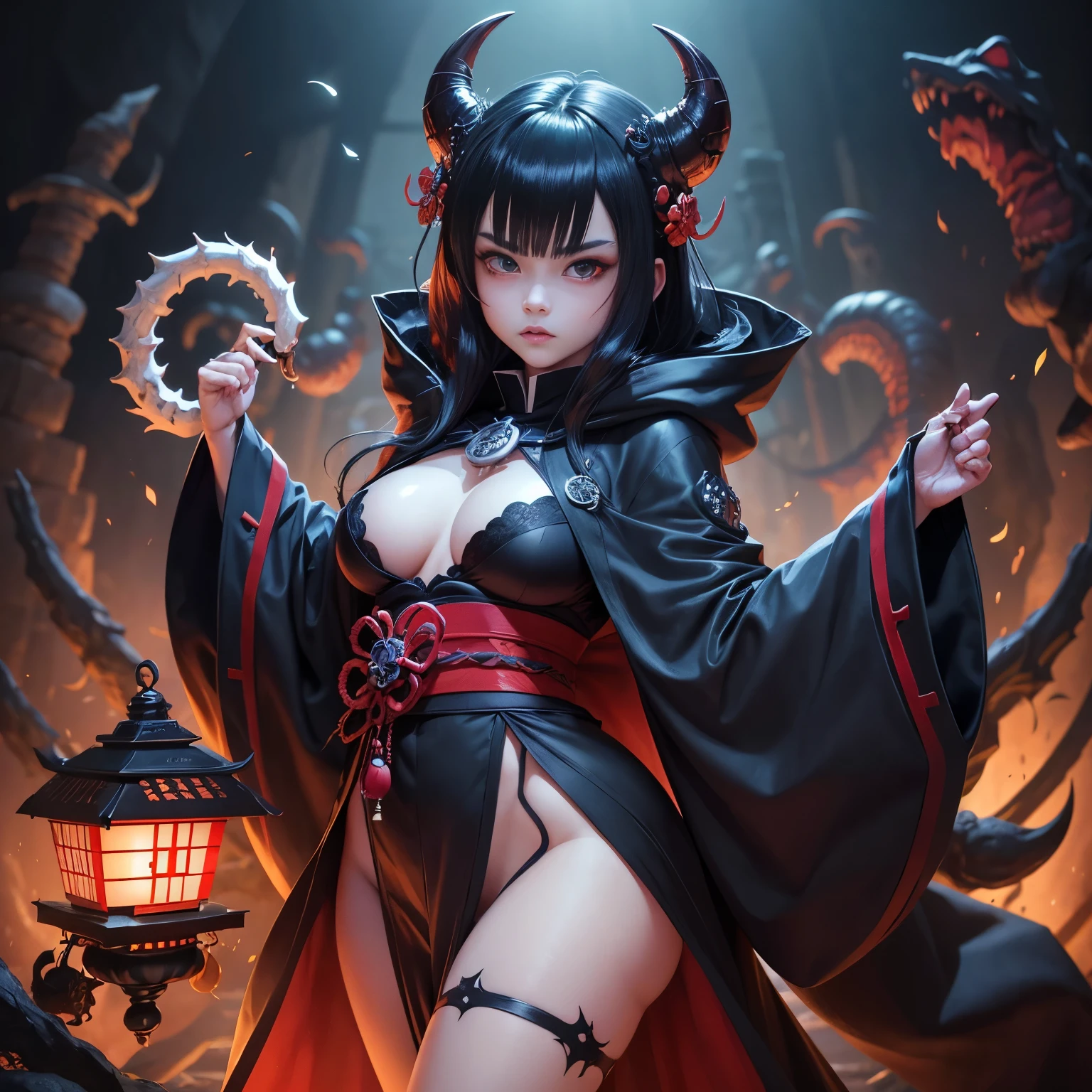 Gigante boy, masculino, forte, Ghoul, youkai, Oni, homem bonito, demon slayer, budismo, bestial skull, Shintoism, olhos vermelhos, anime, Japan, hannya, correntes ensanguentadas, preso, ossos Behemoth, pele morta, pele escura, manic eye aberration, membros suturados, Japanese gothic clothing, kimono, capuz, black cloak, with bell, rings, tentacles, ossos, dentes, presas afiadas, anatomicamente perfeito, acorrentado, expression of insanity, loucura, dungeon dungeon environment, inferno, Hades, manga, 8k, qualidade ultra HD.