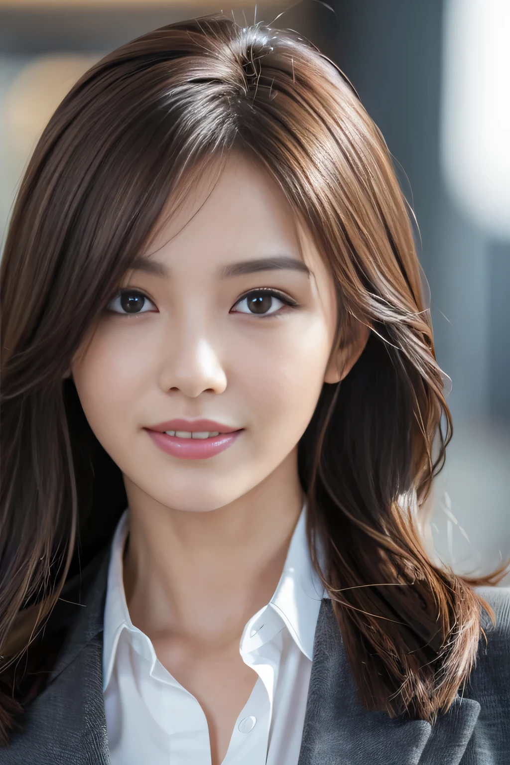 masutepiece, Best Quality, Photorealistic, Ultra-detailed, finely detail, High resolution, 8K Wallpaper, 1 beautiful woman,, light brown messy hair, in a business suit, foco nítido, Perfect dynamic composition, Beautiful detailed eyes, detailed hairs, Detailed realistic skin texture, Smiling, Close-up portrait, Model body type