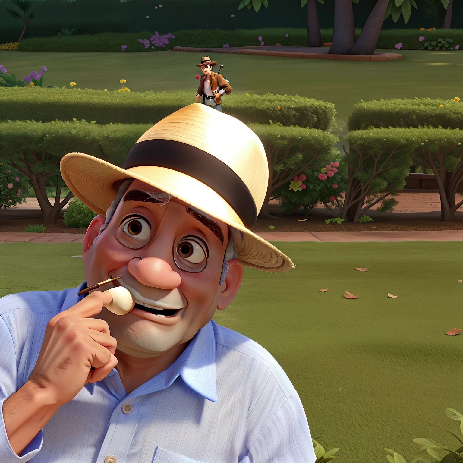 Disney Pixar style 61 year old man smoking Cuban cigar and wearing Panama hat, best quality, best definition