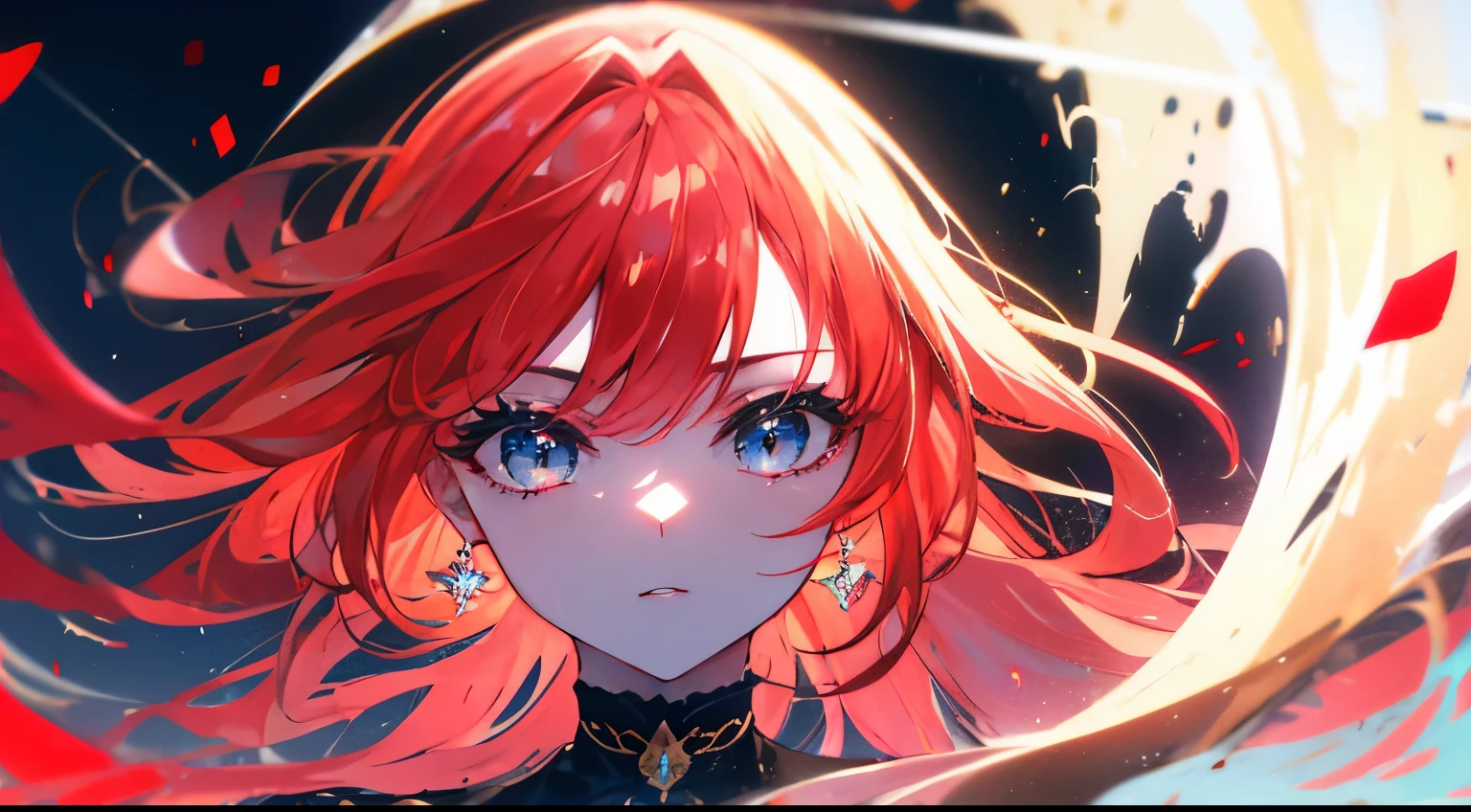 (arte de alta qualidade,anime,ultra-detalhado),(best quality,4k,8k,Altas,master part:1.2),beautiful detailed lips,olhos e rosto extremamente detalhados, cabelos longos, red hair,olhos brilhantes, olhos azuis, (Detalhe Olhos:1.3), Standing,City scenery