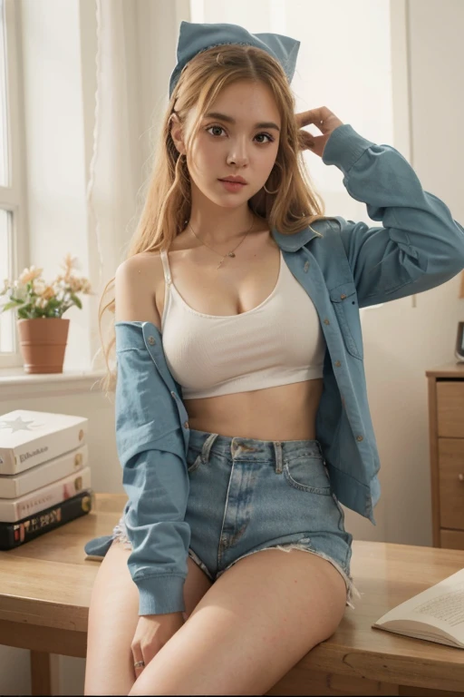 un primer plano de una persona vestida con una blusa blanca y una chaqueta vaquera, Chica joven y linda, linda joven, Ella tiene una cara linda, linda joven, Su vestuario es atractivo, Pose atractiva, joven hermosa amouranth, chaqueta de jean, Chica de anime en la vida real, 19 year old girl, tocando su ropa