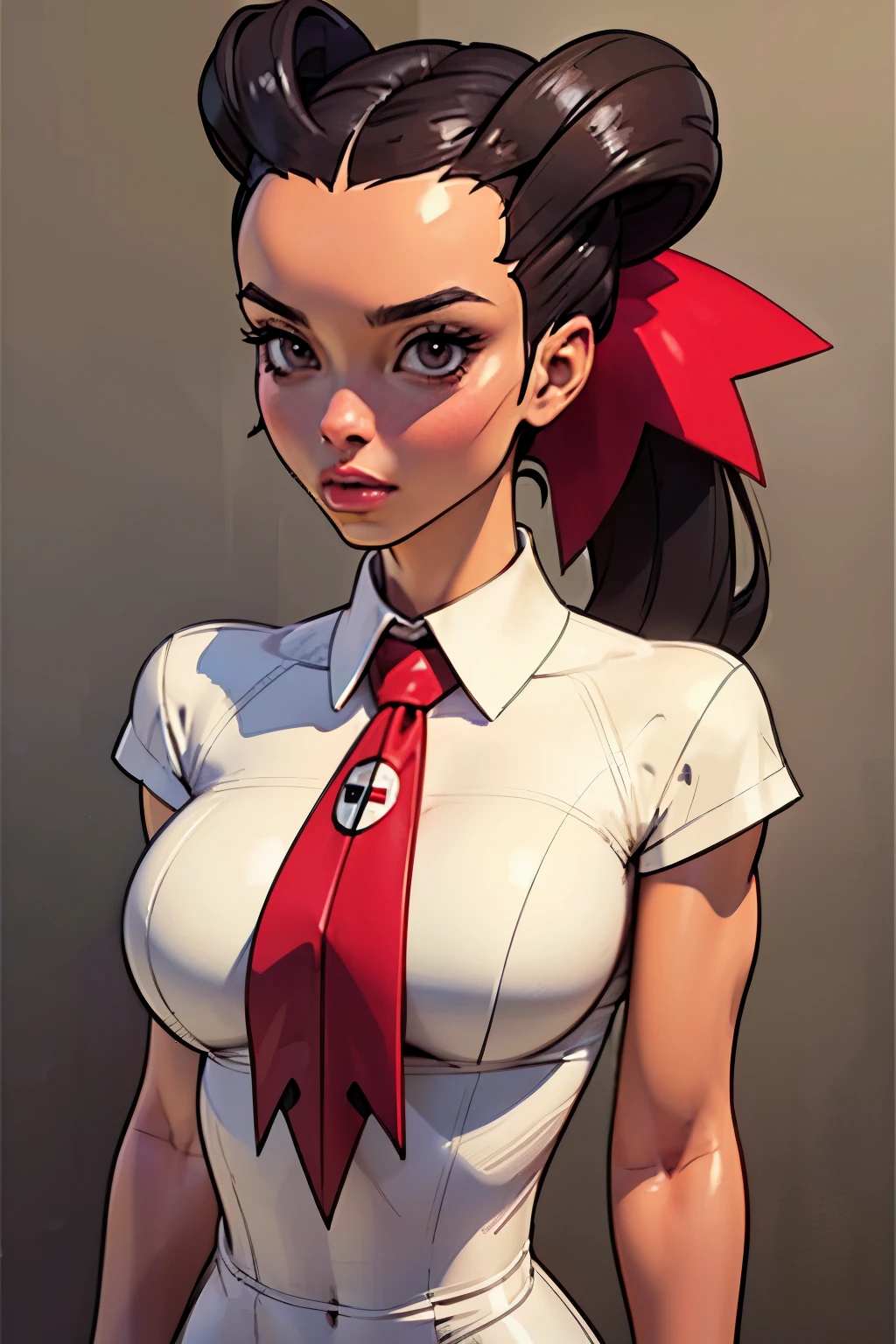 Masterpiece, portrait, Generate an illustration of a mature Roxanne, gym leader of pokemon , (lightgray dress), hd, holding a pokeball  all,  de terno preto, pink ascot,(( long black hair)), twin ponytail, ((detailed face)),shiny hair, (perky breasts:1.2), collared shirt under dress, outfit in anime format with a serious style, boots, make up, masterpiece, dark lighting, black background, ((puffy lips)),(slendered abs), beautiful face,