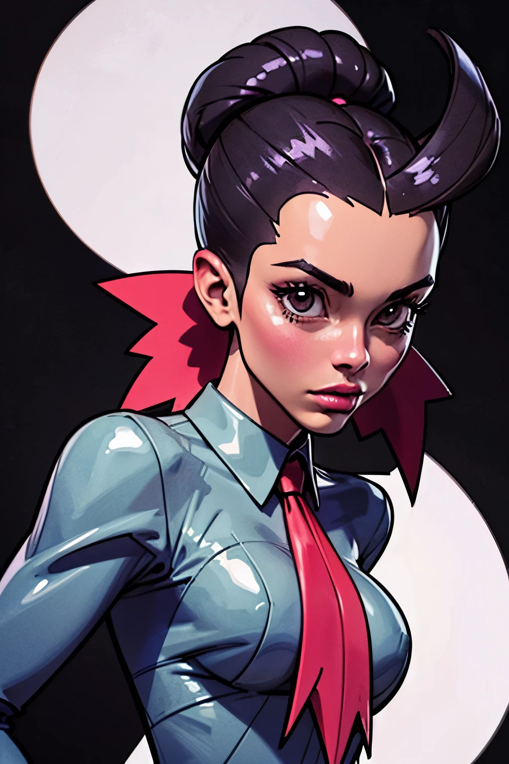 Masterpiece, portrait, Generate an illustration of a mature Roxanne, gym leader of pokemon , (lightgray dress), hd, holding a pokeball all, de terno preto, pink ascot,(( long black hair)), twin ponytail, ((detailed face)),shiny hair, (perky breasts:1.2), collared shirt under dress, outfit in anime format with a serious style, boots, make up, masterpiece, dark lighting, black background, ((puffy lips)),(slendered abs), beautiful face,