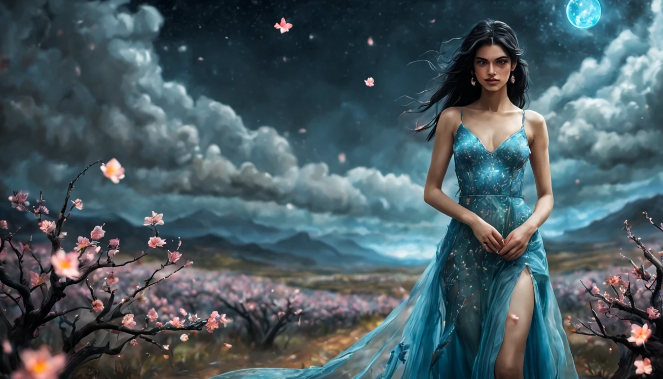 1 girl "Shanaya Kapoor com vestido Laranja longo", （Jogo King Card:1.5, simetria rotacional),Stephen Gammell,(cowboy shot), Minimalist compositions, requintada armadura de cristal，Fio Eletroluminescente, magic sparks, enchanted magical fantasy. Peach Blossom Land, heaven, Jogo CG, Hand Painted Style, 8k, Ultra HD |, arte digital conceitual, Azure azul e cinza,(Very detailed, Reasonable design, linhas claras, Alta nitidez, melhor qualidade, master part, 4k ).