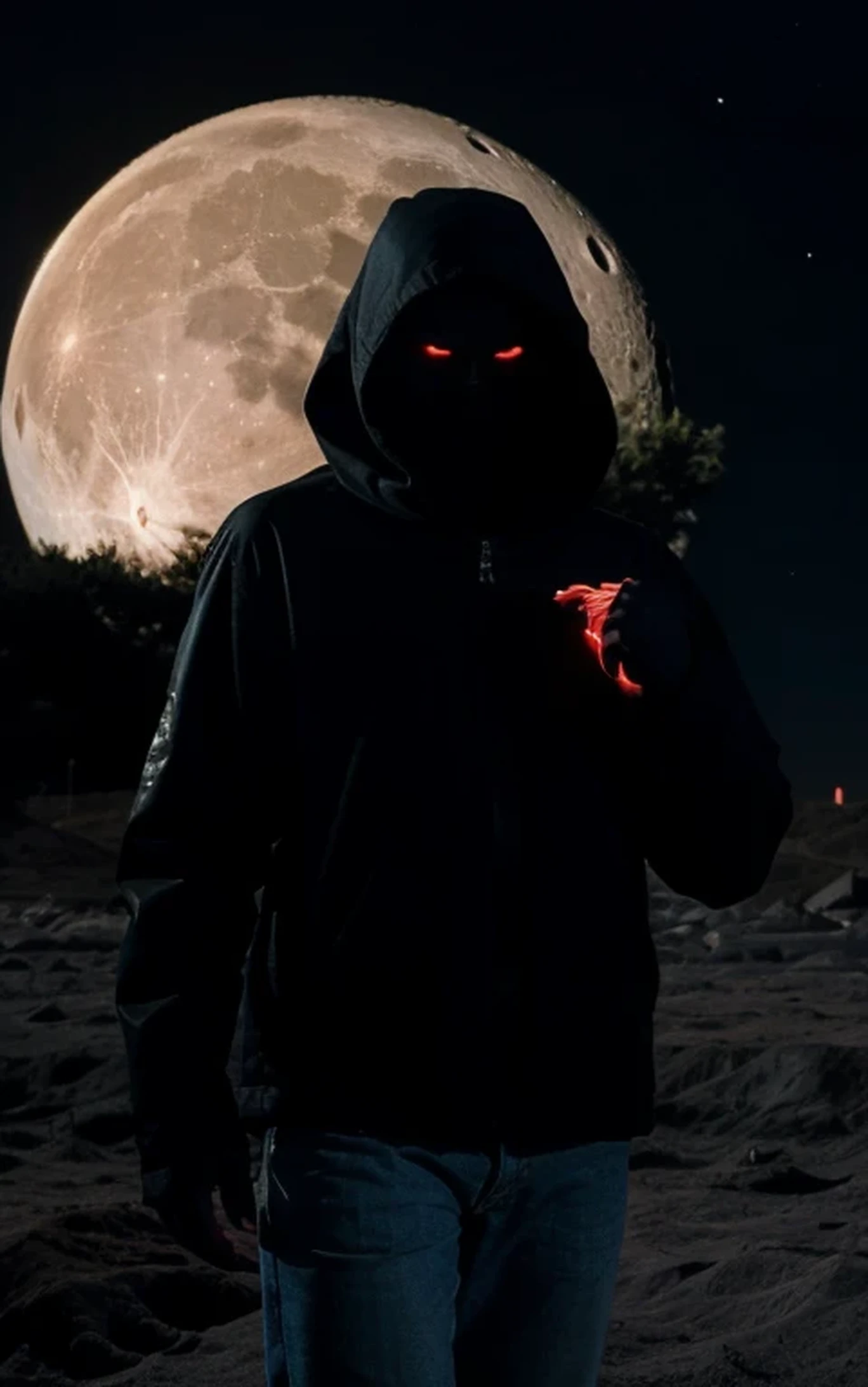 Surreal landscape with a lunar glow, featuring a hooded silhouette with faceless features. The silhouette is enhanced with glowing glyphs and symbols, emphasized by the character's large hood and long claws.