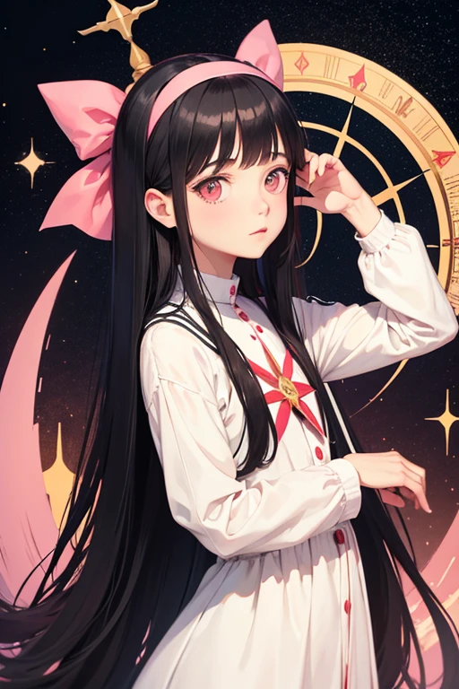 Colaki, surrealist, rescue, Hilma af Klint style, a girl with long straight black hair, pink bow headband, compass on left hand, spear,