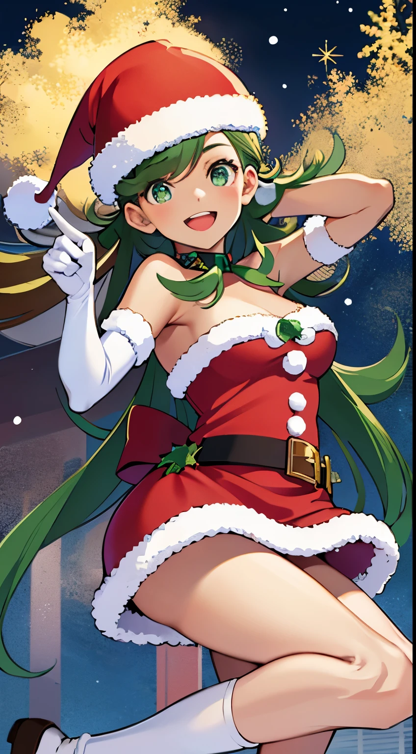 1girl, solo, masterpiece, best quality, high res, highly detailed, (illustration), beautiful detailed eyes, zodiac_mallow, green hair, dark skin,twin tails, glossy lips, makeup, smile, long white satin elbow gloves, cowboy shot, (santa), (Perfect bright red Santa Claus dress:1.3)、((White High Socks)), santa hat, strapless dress, full body, white elbow gloves,detailed, zodiac_mallow,Fleshy thighs, Poster publicity style，Ingram,Pose，Ultra shorts，Simetall，C cup，Happy expression, Beautiful、A smile、Winter cityscape、shopping street、night, It's snowing、white Christmas、composition seen from below