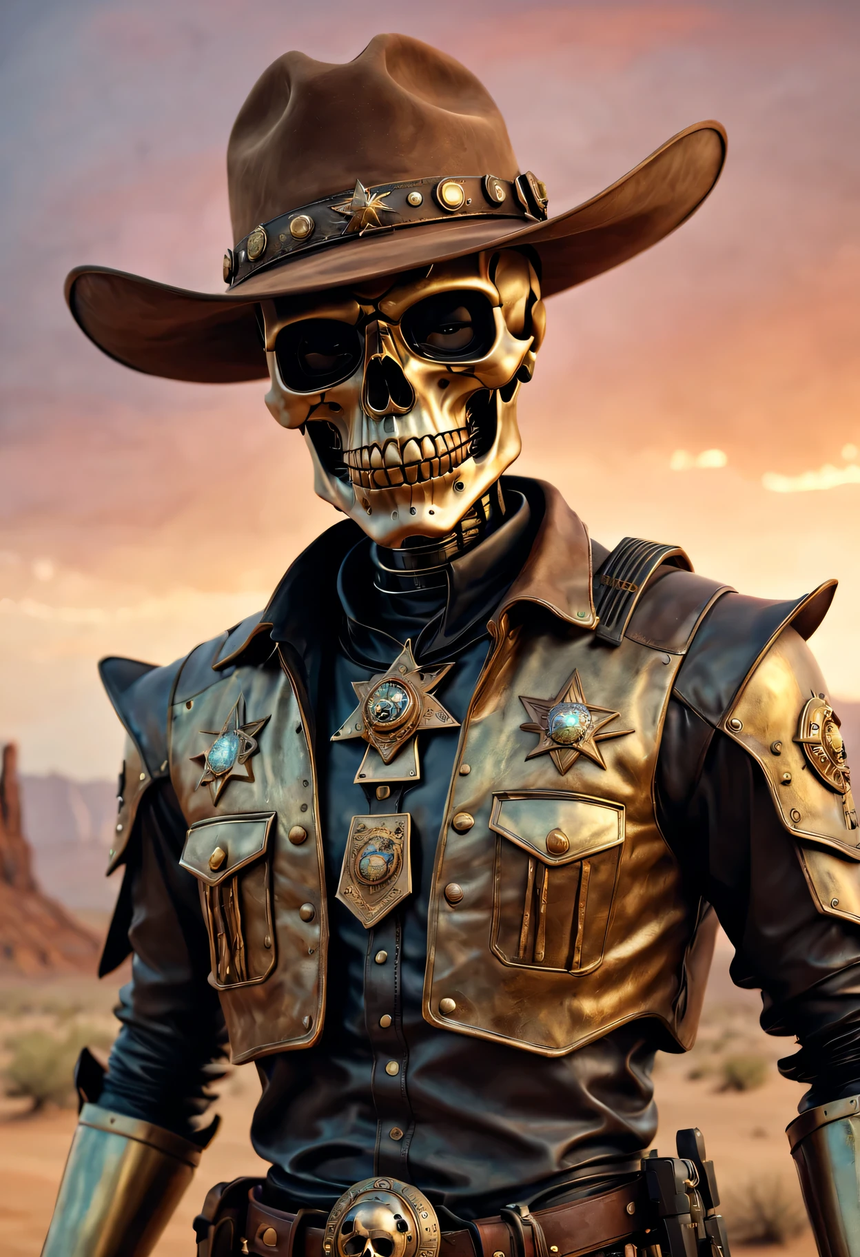 Skull Face Robot Cowboy Sheriff,3D rendering art,(Best quality at best,4K,8K,A high resolution,tmasterpiece:1.2),ultra - detailed,(actual,photoactual,photo-actual:1.37),dark and gritty,Sci-fi Westerns,hazy sunset light,Aged brass and worn leather,Ethereal dust cloud,faded desert landscape,vivd colour,steely resolve