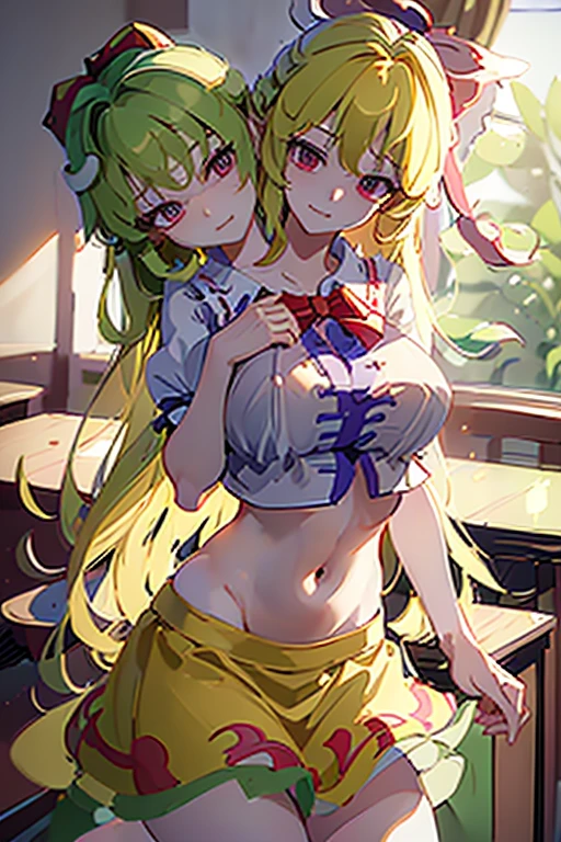 (masterpiece, best quality), (3heads:1.5), 1girl, (ellen (touhou):1.3), masterpiece, best quality, red and white top, crop top, ((stomach)), midriff, ((groin)), red and white skirt, normal ears, shackles, blonde hair, very long hair, wavy hair, sidelocks, green eyes, parted lips, single horn, sweat, cute, toned belly, hand on own chest, eyelashes, (21 year old woman:1.3), (masterpiece:1.4), (best quality:1.4), (beautiful detailed extremely detailed CG, extremely delicate and beautiful, depth of field, (finely detailed face), (perfect details:1.0), (mature female:1.3), wide pelvis, slender, large veiny breast, 8k resolution, high quality, high definition, extremely detailed, masterpiece, best quality, blonde hair, long hair, alluring presence, braid, short skirt, close up, big tits, young,