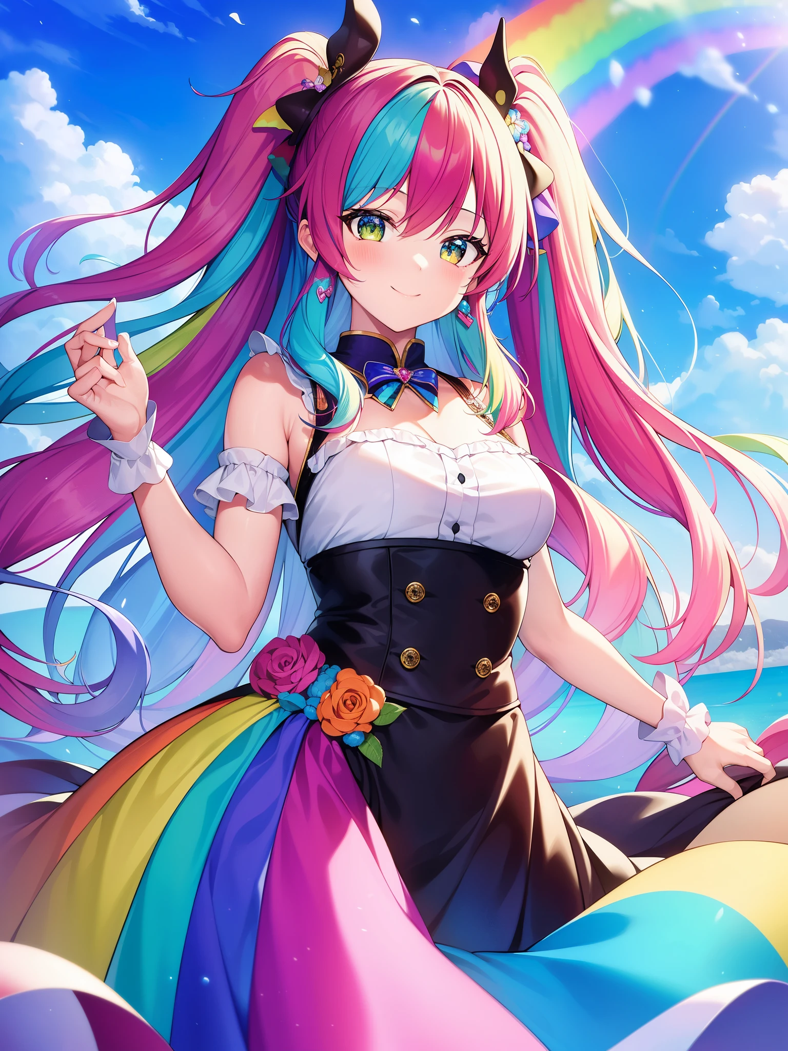 (masterpiece), best quality, high resolution, extremely detailed, detailed background, perfect lighting, (colorful, vivid color:1.4), 1girl, rainbow hair, cotton candy cloud, sky, smile