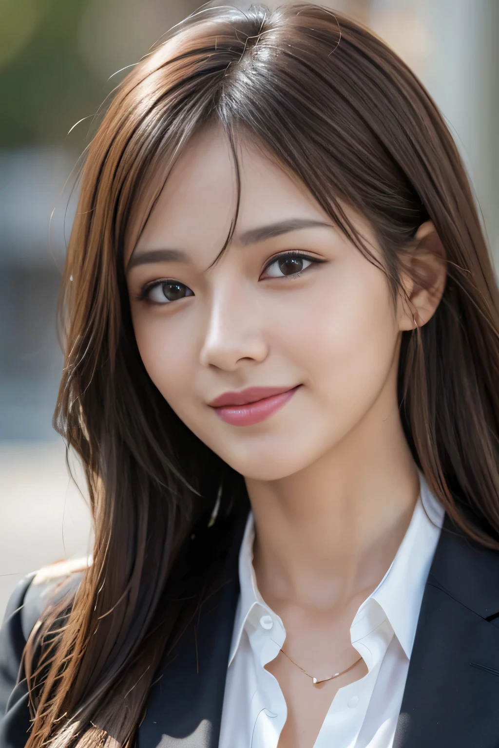 masutepiece, Best Quality, Photorealistic, Ultra-detailed, finely detail, High resolution, 8K Wallpaper, 1 beautiful woman,, light brown messy hair, in a business suit, foco nítido, Perfect dynamic composition, Beautiful detailed eyes, detailed hairs, Detailed realistic skin texture, Smiling, Close-up portrait, Model body type