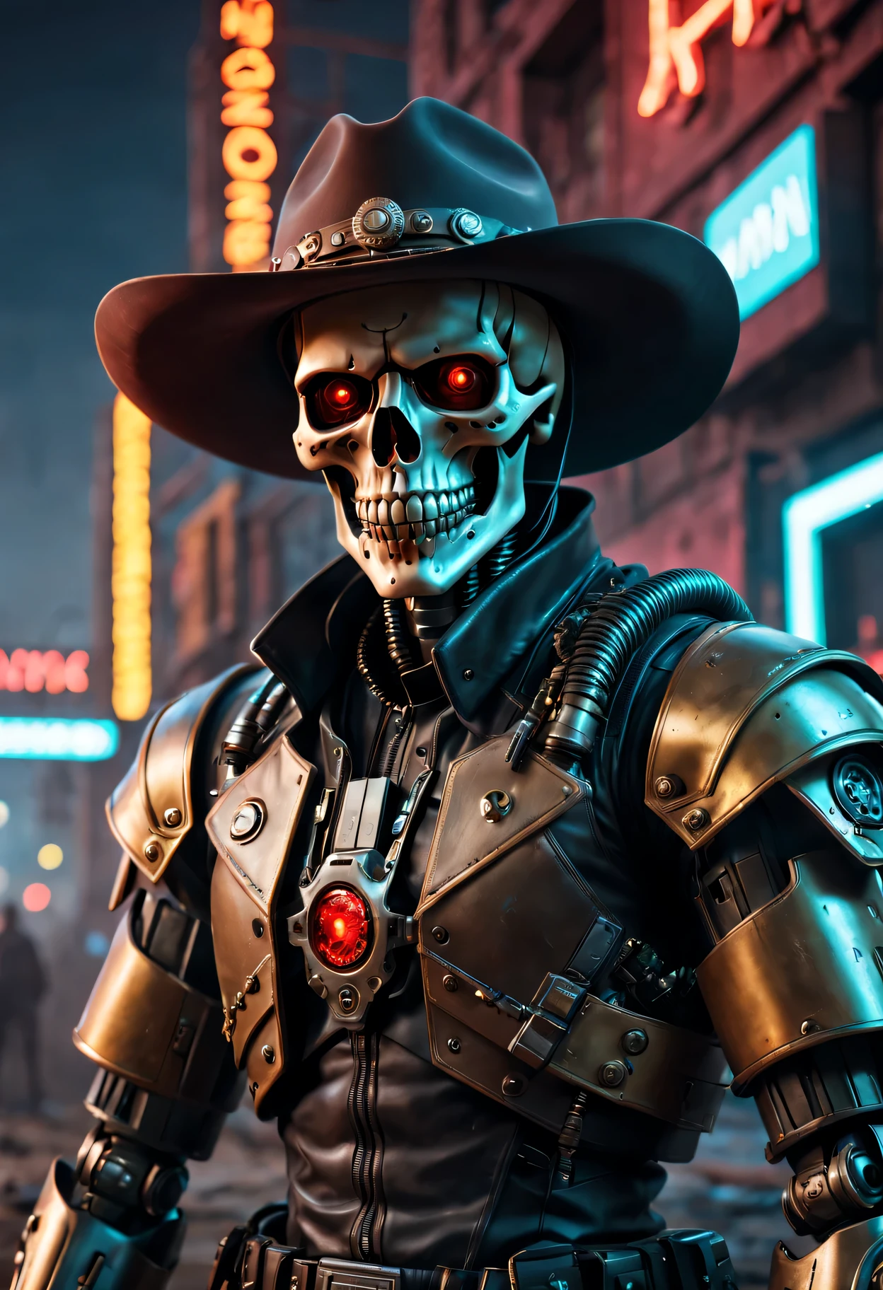 (Best quality at best,4K,8K,A high resolution,tmasterpiece:1.2),ultra - detailed,(actual,photoactual,photo-actual:1.37),Cyberpunk 2077,skull,Robot Cowboy Sheriff,Mysterious dark background,neonlight,cybernetically enhanced,Weapons of the future,Shabby cowboy hat,Bionic arm,metal chin,red luminous eyes,dystopian city,earth tones,Mechanical horses,Desert landscape,post apocalyptic background,Focus sharp,Steely texture,vivd colour,concept art style.