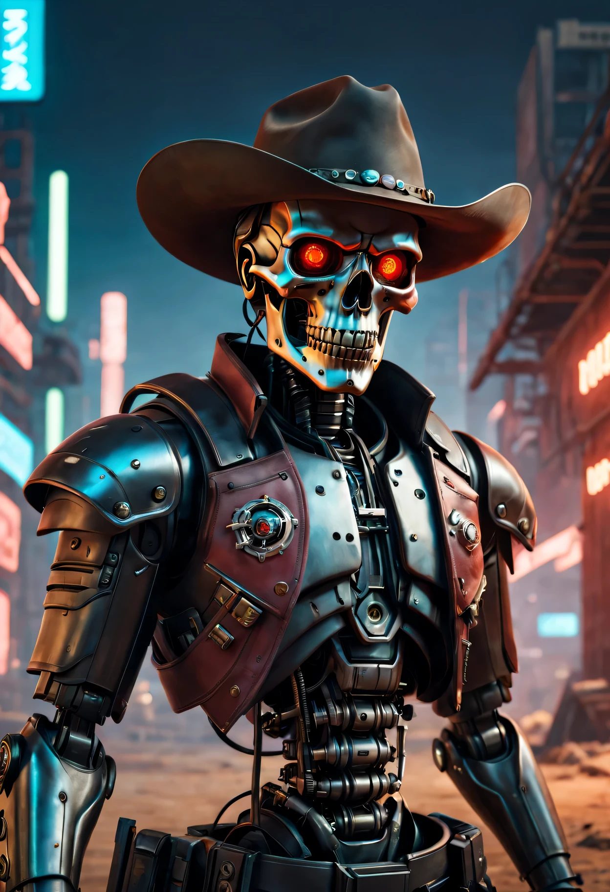 (Best quality at best,4K,8K,A high resolution,tmasterpiece:1.2),ultra - detailed,(actual,photoactual,photo-actual:1.37),Cyberpunk 2077,skull,Robot Cowboy Sheriff,Mysterious dark background,neonlight,cybernetically enhanced,Weapons of the future,Shabby cowboy hat,Bionic arm,metal chin,red luminous eyes,dystopian city,earth tones,Mechanical horses,Desert landscape,post apocalyptic background,Focus sharp,Steely texture,vivd colour,concept art style.