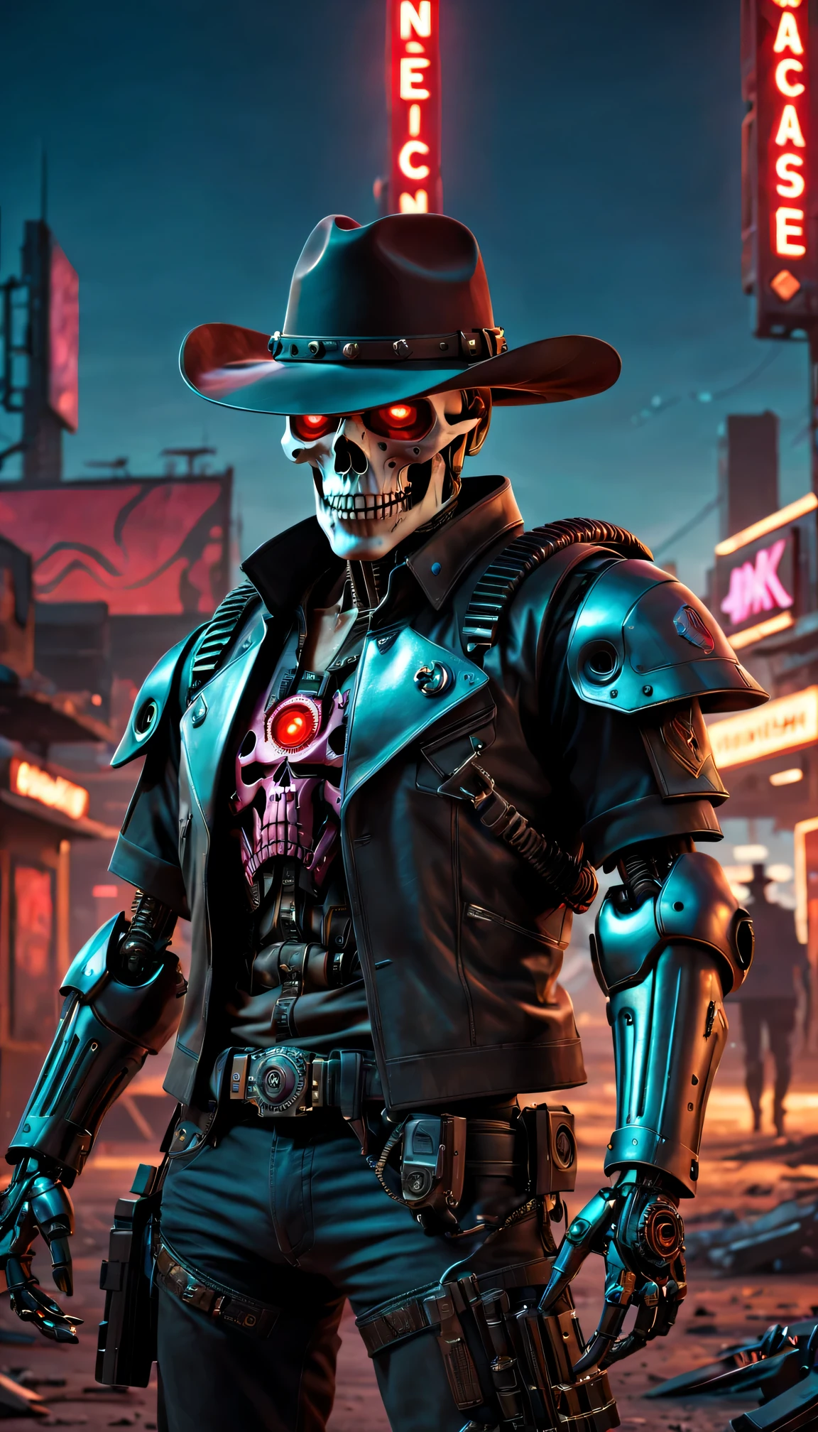 (Best quality at best,4K,8K,A high resolution,tmasterpiece:1.2),ultra - detailed,(actual,photoactual,photo-actual:1.37),Cyberpunk 2077,skull,Robot Cowboy Sheriff,Mysterious dark background,neonlight,cybernetically enhanced,Weapons of the future,Shabby cowboy hat,Bionic arm,metal chin,red luminous eyes,dystopian city,earth tones,Mechanical horses,Desert landscape,post apocalyptic background,Focus sharp,Steely texture,vivd colour,concept art style.
